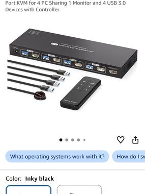 4-Port KVM Switch with 4 USB 3.0 Ports and Remote — Inky Black